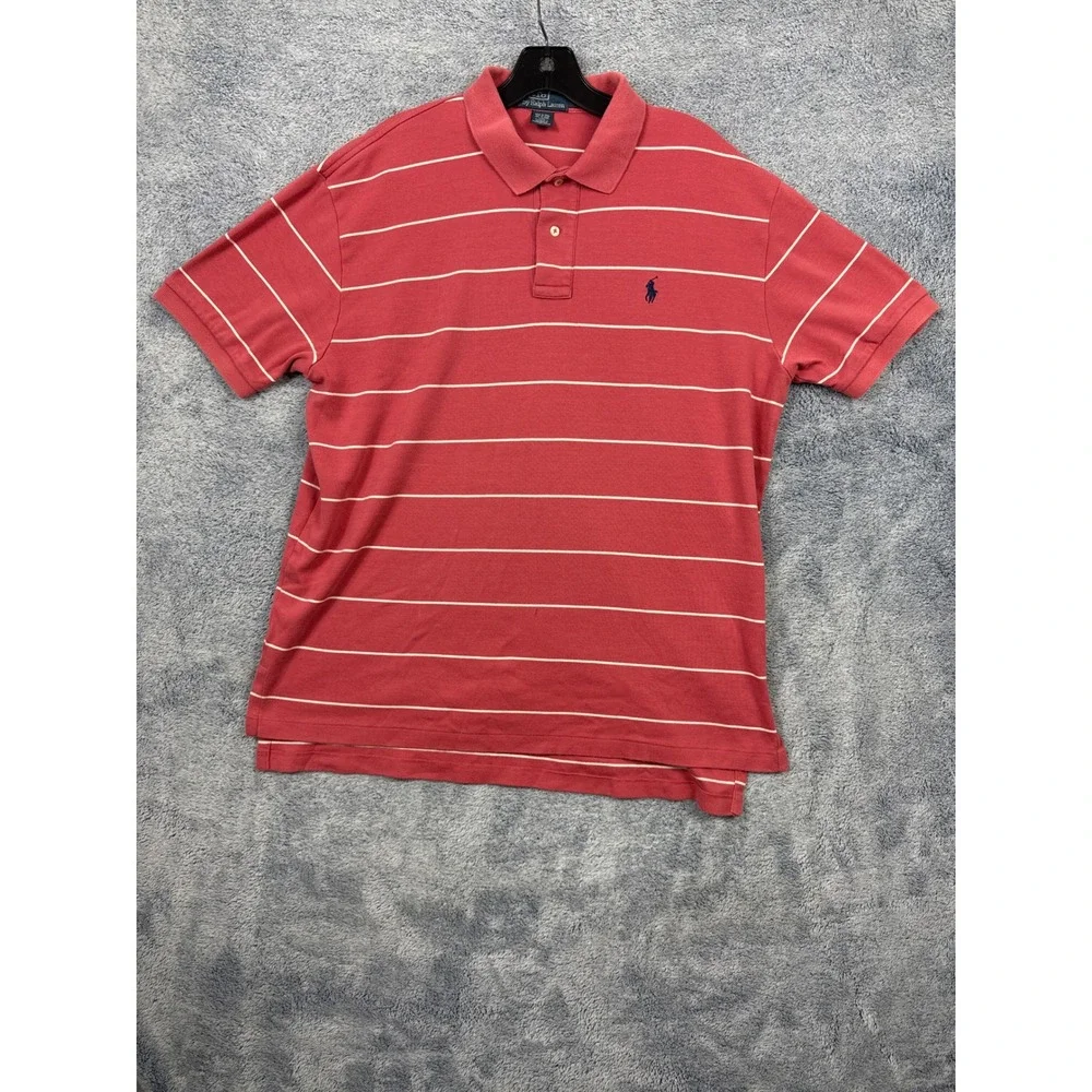 Polo Ralph Lauren Mens L Pink Striped Short Sleeve Polo Shirt Cotton Pony Logo